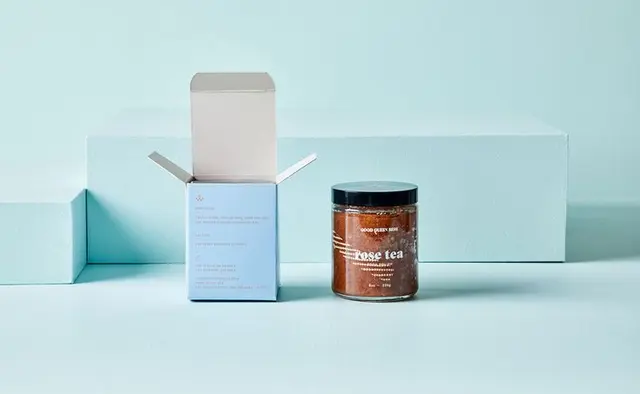 Good Queen Bess pastel minimalist scrub packaging — DIELINE feature