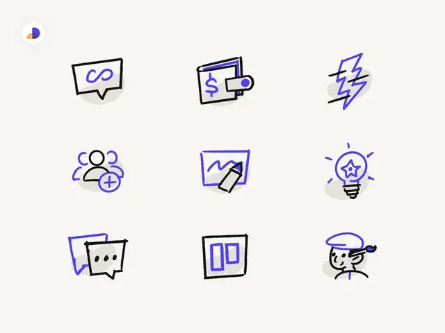 Hand-drawn purple & black UI icon set — 3x3 sketch grid