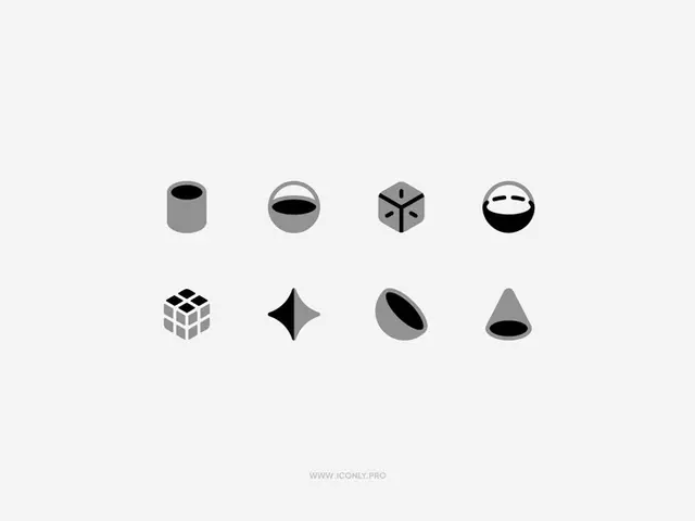 Monochrome geometric 3D icon set — 8 grayscale UI icons