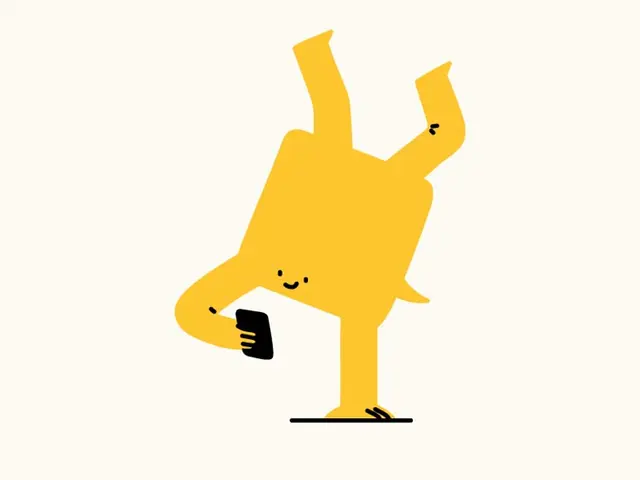 Square Guy — Minimal yellow character doing a one‑handed handstand with smartphone