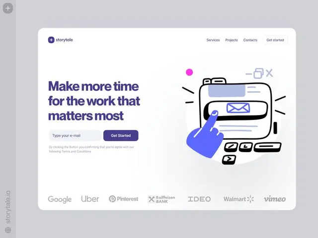 Storytale SaaS hero — email signup with hand-illustration and client logos