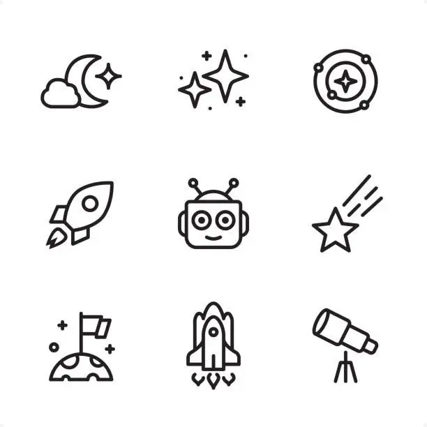 Space icon set — 3x3 black line illustrations (lushik, iStock)