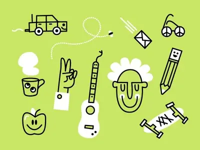 Doodle-dum — lime green doodle icon set (car, guitar, pencil, coffee)