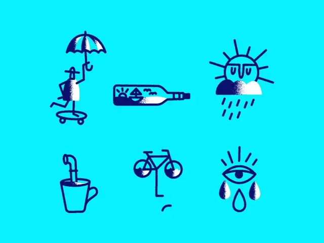 Hand-drawn seaside-themed icon set on bright cyan background