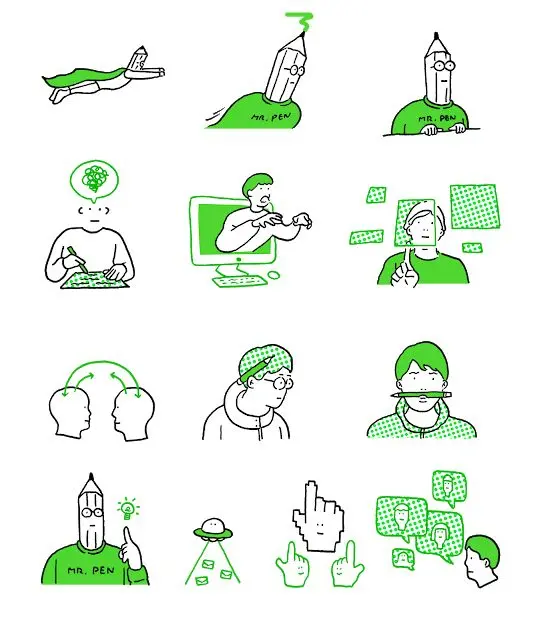 SHO FUJITA — green-and-black icon set (Mr. Pen illustrations)