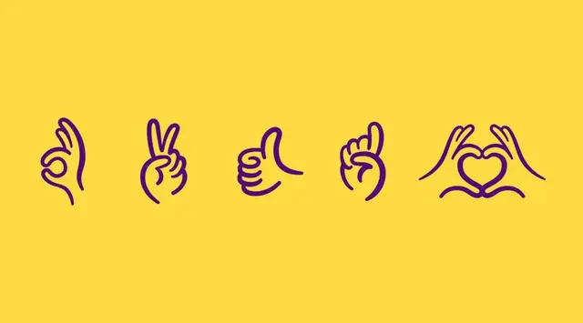 Peazi brand gestures — purple line icons on yellow (Creative Spark)