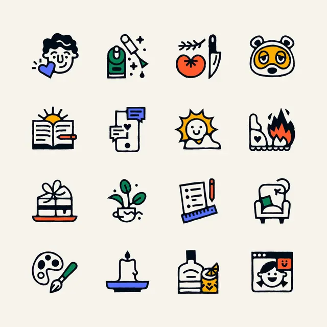 Laura Bee — 4x4 hand-drawn 'things I'm grateful for' icon grid (X/Twitter)