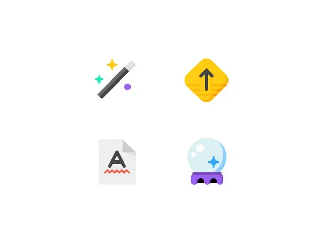 Colorful vector UI icon set — wand, upload sign, document with 'A', crystal ball