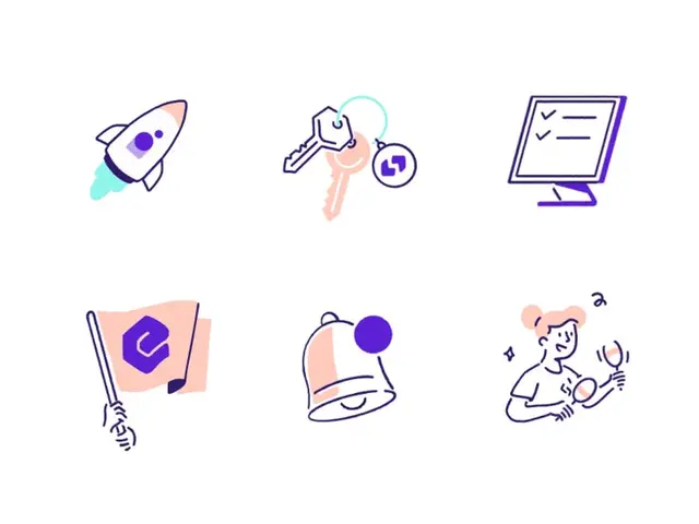 Spendesk animated icon set — rocket, keys, monitor, flag, bell, character