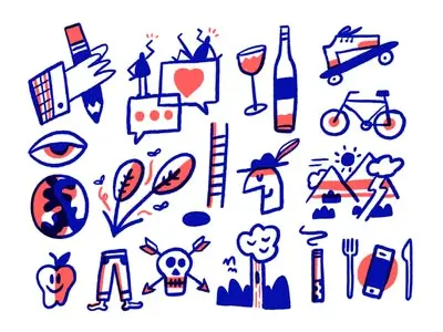 Fun With — two‑color doodle icon set (red & blue)