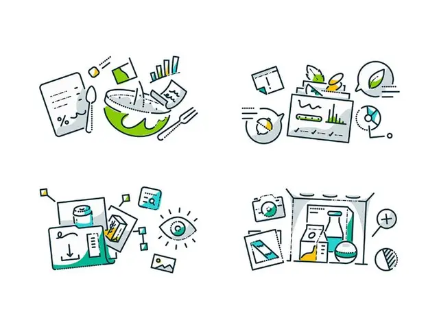 Data & Content Icon Set — food analytics, media, packaging (green/teal accents)
