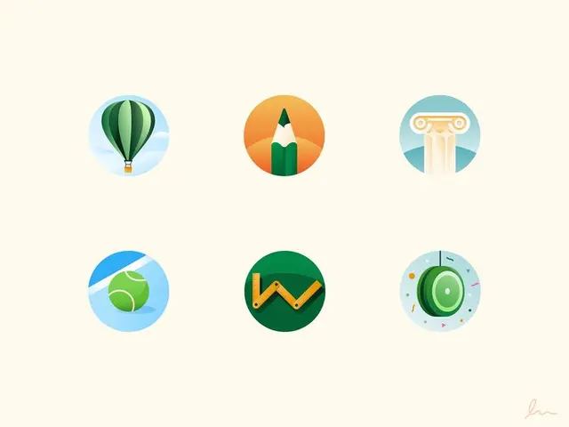 Set of six circular app icons — hot-air balloon, pencil, column, tennis ball, chart, yo-yo