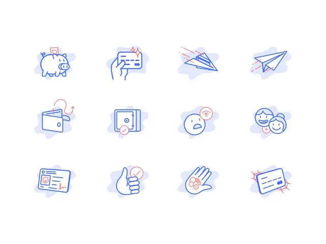 Set of 12 fintech-style outline icons (piggy bank, cards, wallet, paper planes)