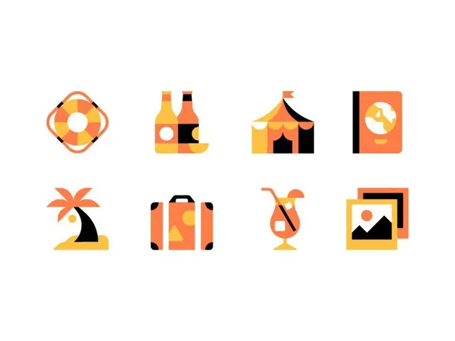 Flat Travel Icon Pack — 8 Orange & Yellow Vacation Icons