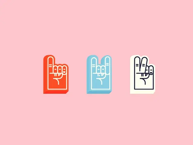 Three sticker-style hand icons (rock-on gesture) on pastel pink background
