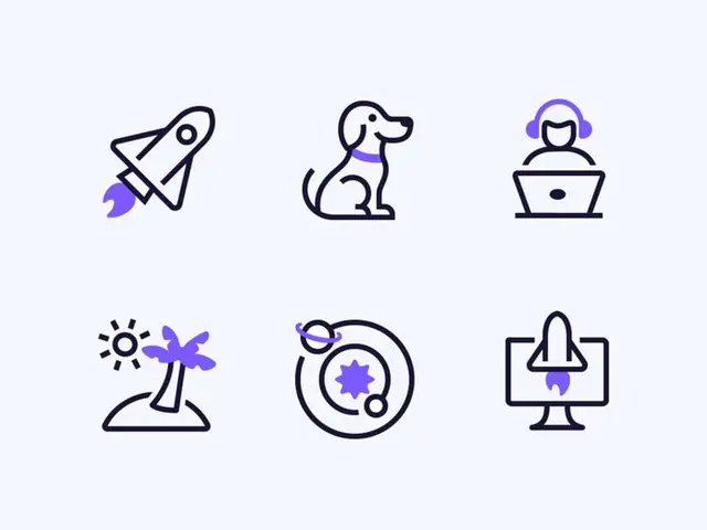 Mesosphere — Duotone Line Icon Set (rocket, dog, remote worker, island, planet, monitor)