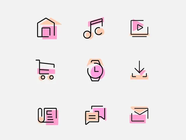 3x3 Duotone Outline UI Icon Set — Home, Media, Cart, Watch, Mail