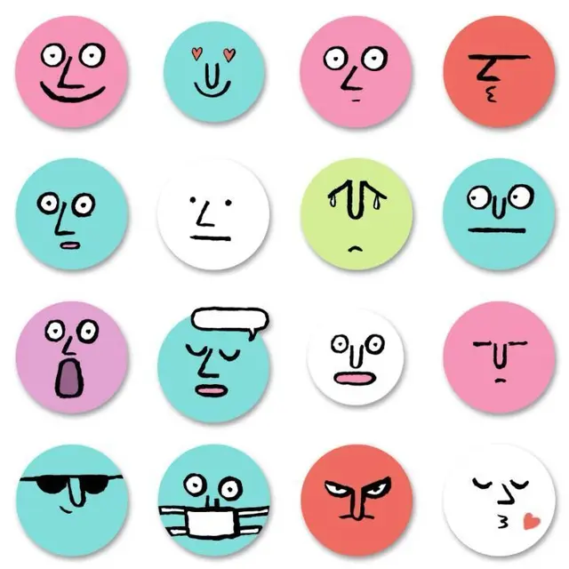 Set of 16 pastel round pins with hand-drawn expressive faces