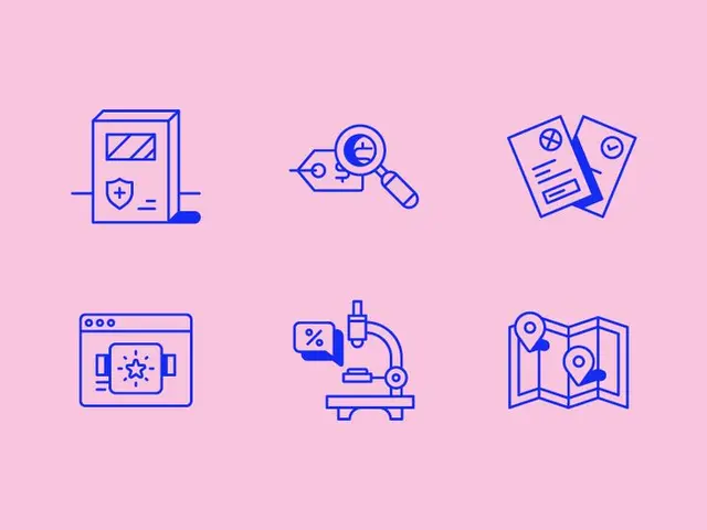 Medical Icon Set — 6 Blue Line Icons on Pastel Pink