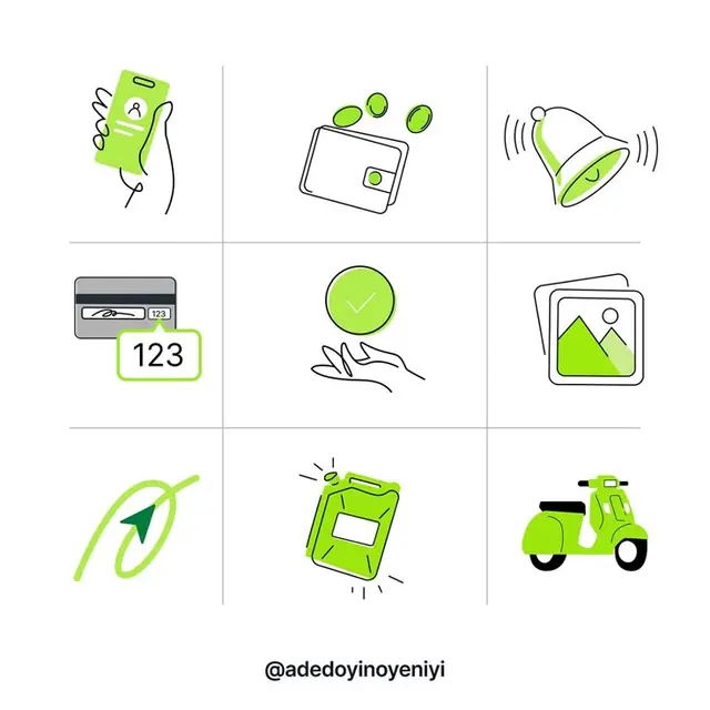 3x3 Green & Black UI Icon Grid — Illustration Shots v9 (@adedoyinoyeniyi)