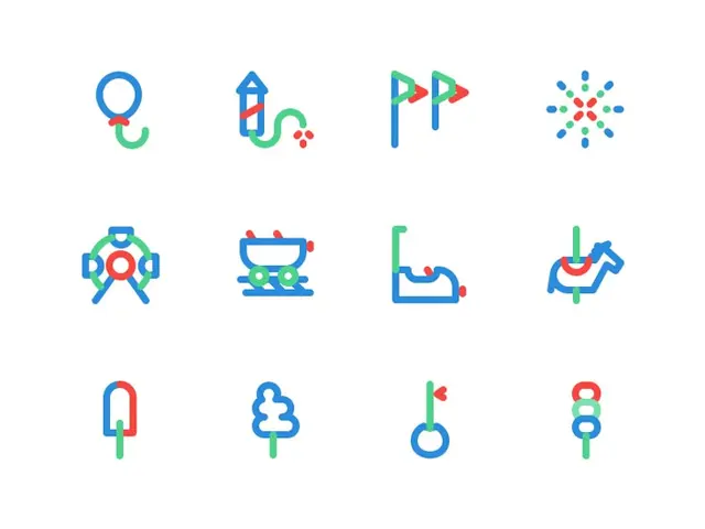 Amusement Park Icons — 12-piece tricolor line icon set