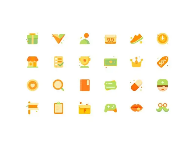 24 flat orange-green app icons — e‑commerce, health, gaming (Dribbble)