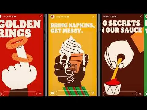 Burger King Instagram Story art: "GOLDEN RINGS", "BRING NAPKINS, GET MESSY." and "NO SECRE