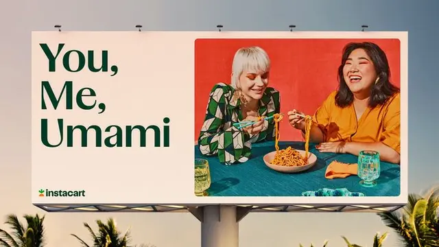 Instacart campaign banner — “tap tap nom nom” with model eating sandwich