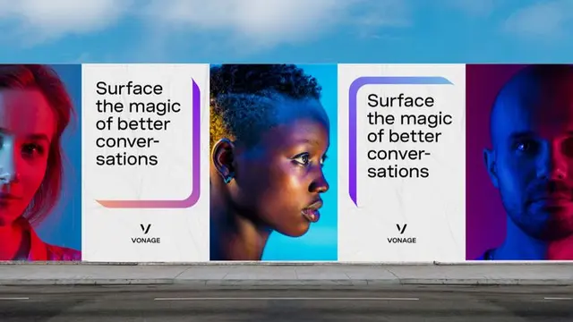 Vonage rebrand billboard — "Surface the magic of better conversations" (Wolff Olins)