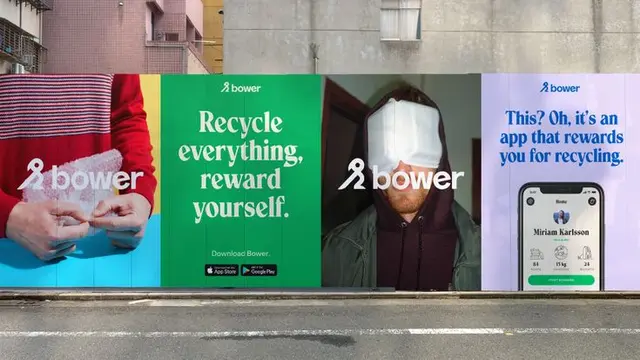 Bower — colorful recycling brand billboard grid (OKTO)