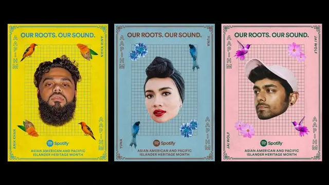 Spotify AAPI Heritage Month poster series — three colorful portrait posters