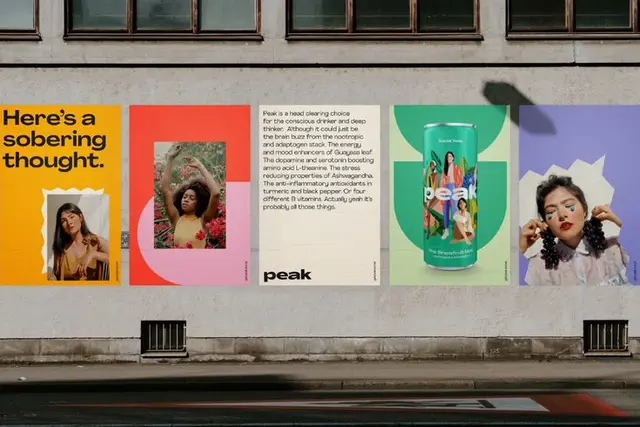 Peak Social Tonics — colorful boxed packaging on yellow background (Fonts In Use)