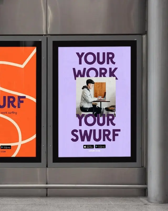 Outdoor lightbox poster: "YOUR WORK YOUR SWURF" app promotion with inset photo