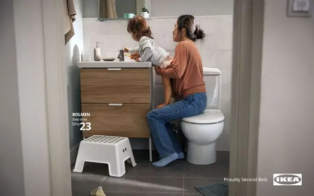 IKEA ad — ANTILOP highchair (Dhs 99) with 'Proudly Second Best' tagline