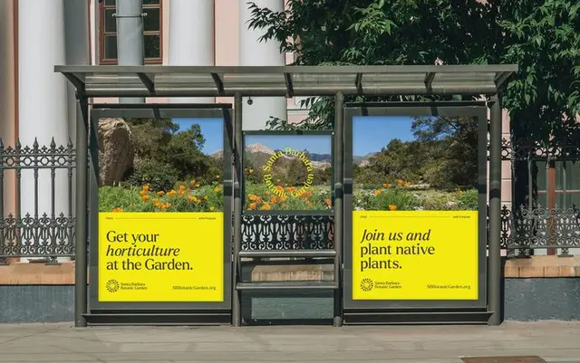 Santa Barbara Botanic Garden — brand & website hero with white logotype over green foliage