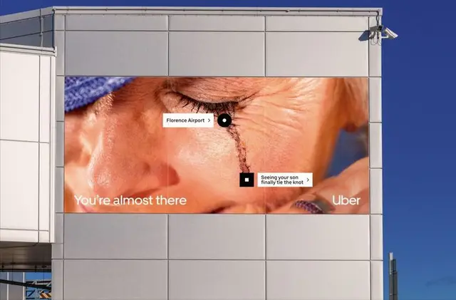 Uber 'You're almost there' Gatwick poster — marble sculpture with wayfinding callouts
