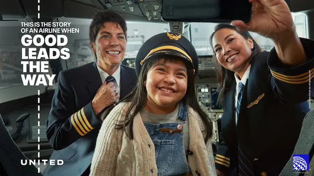 United Airlines campaign ad — 'Good Leads the Way' cockpit selfie with pilots