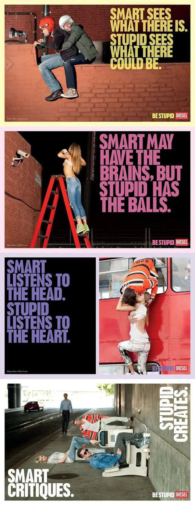 Diesel "Be Stupid" campaign — collage of four print ads (Pinterest Pin)