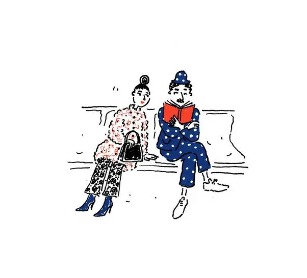 Joana Avillez — Bench scene: polka-dot reader and floral-coat commuter