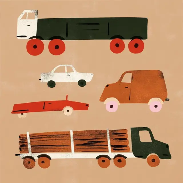 Textured mid-century illustration of five stylized vehicles