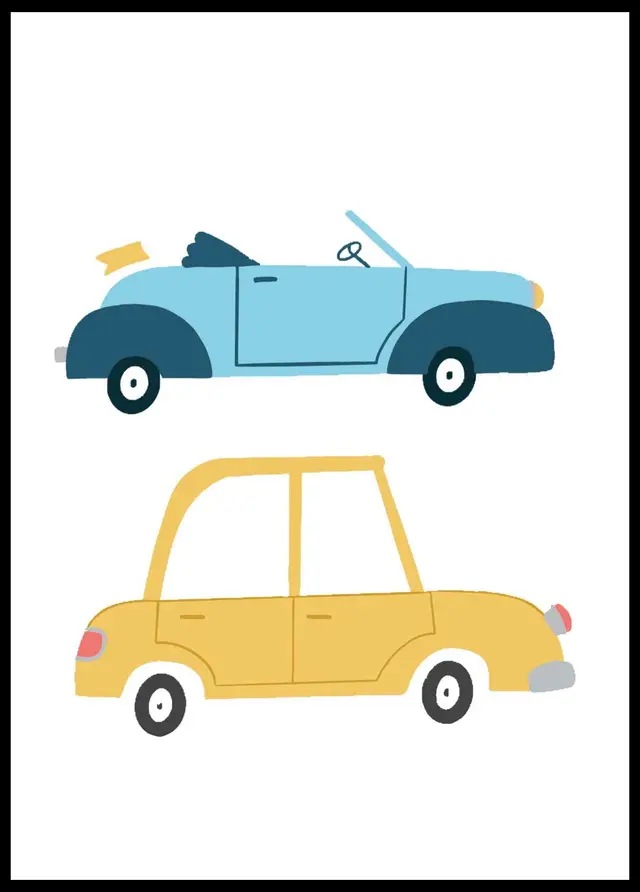 Cars Poster — Blue Convertible and Yellow Sedan Illustration