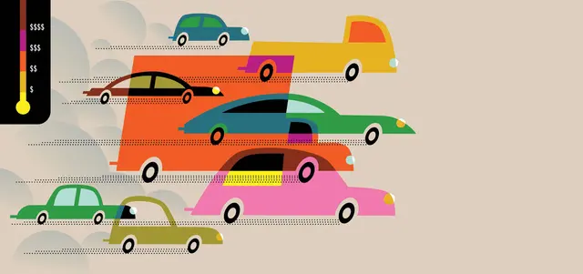 Editorial illustration — colorful cars and dollar‑scale gauge for internal carbon pricing,