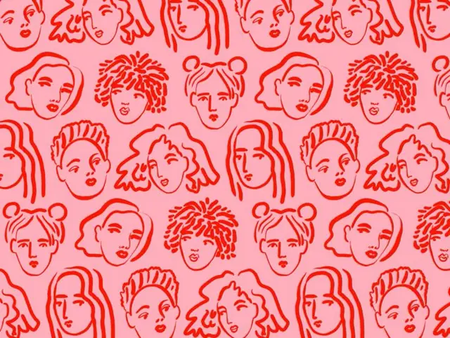 Hand-drawn Red Line Faces Repeat Pattern on Pink