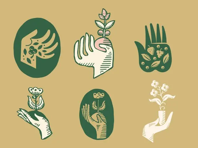 Six Hand-and-Plant Emblems — Linocut-Style Illustrations