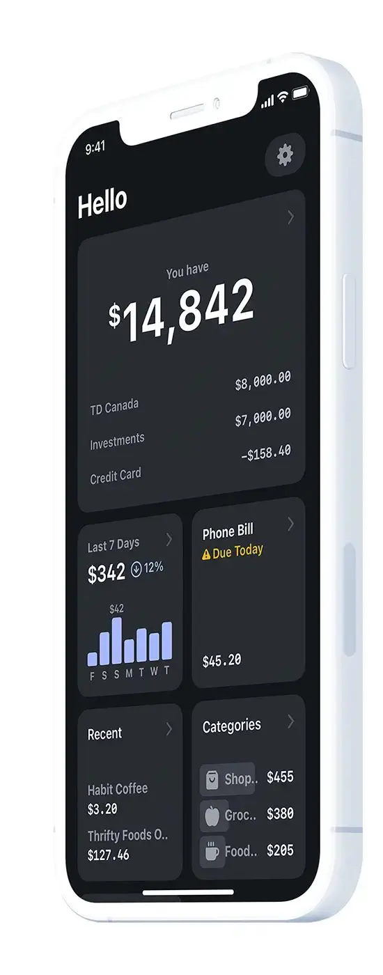 billi.app dark-mode mobile finance dashboard in white iPhone mockup