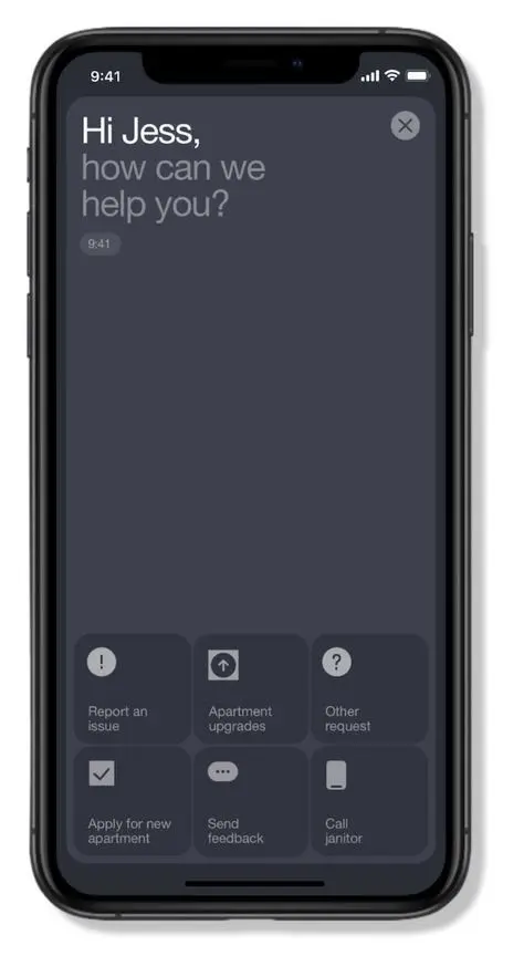 Dark-mode mobile app screenshot — "Hi Jess, how can we help you?"