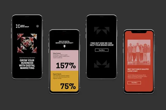 Thrive Media Group — mobile website UI screens (Ahoy case study)