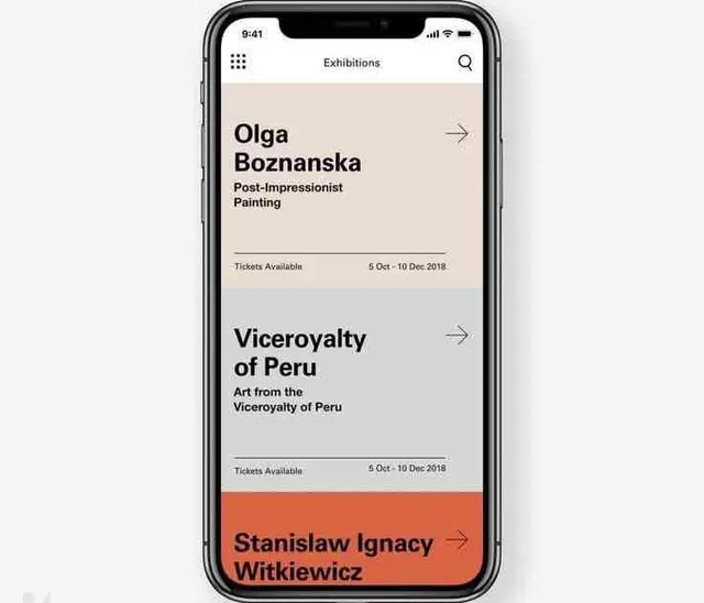 Mobile museum exhibitions list on iPhone — Olga Boznanska, Viceroyalty of Peru, Stanislaw