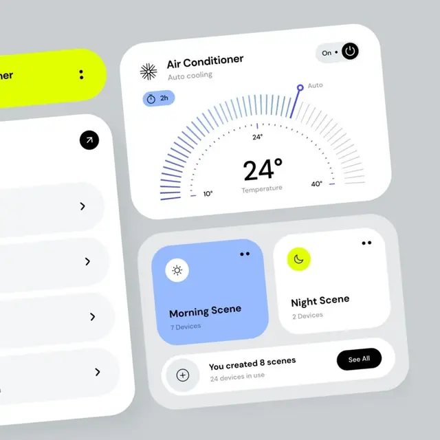 Sourcio Smart Home UI — Air Conditioner & Scene Cards