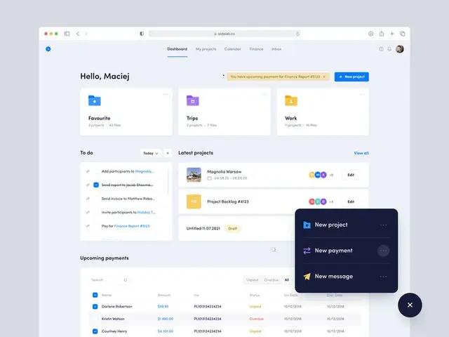 Planner Dashboard — Web app project & payments interface with card layout